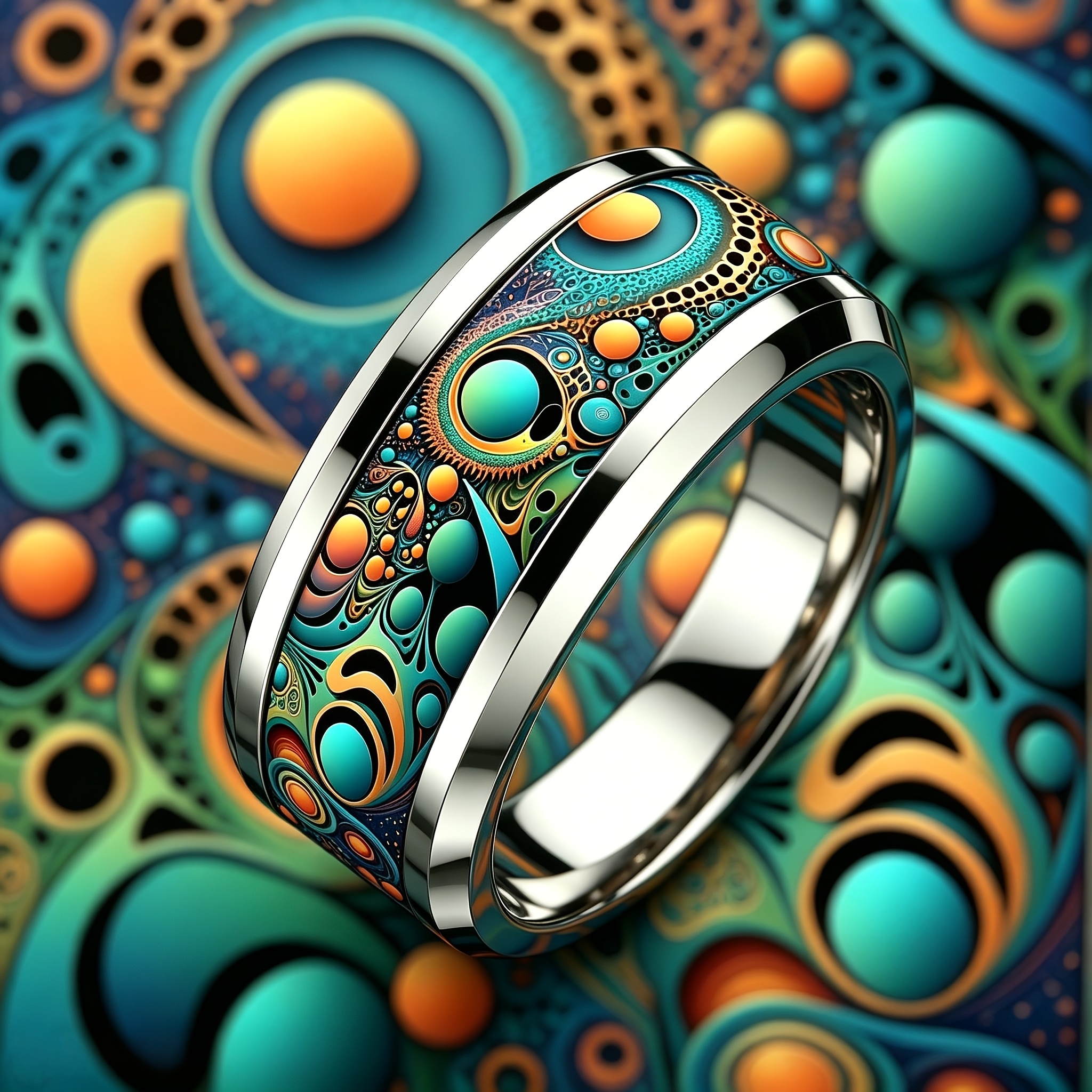 Iridescent Swirl Polka Dot Print Ring, Stainless Steel